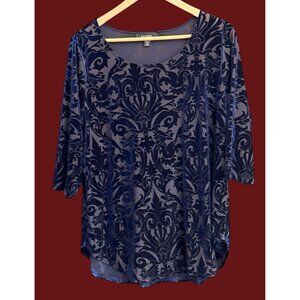 Karen Kane Navy Velvet Burnout Damask Blouse Plus Size Elegant Baroque Top 1X